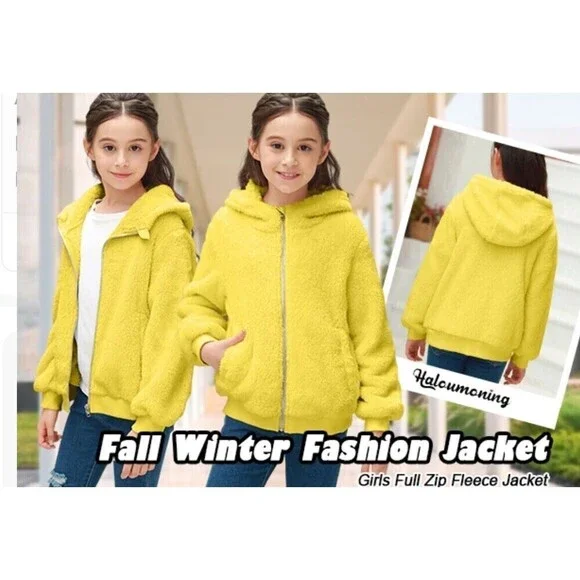 Haloumoning Girls Fleece Jackets Zipper Soft Sherpa Outwear Coat With Pockets L